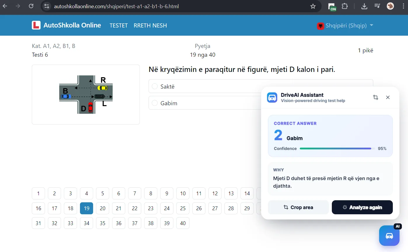 DriveAI Assistant duke shpjeguar pyetjen 19 në autoshkolla.al — përgjigjen e saktë 'Gabim' me 95% besueshmëri