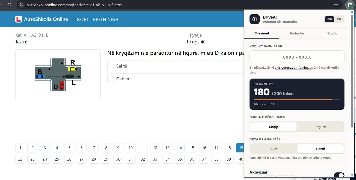 Paneli i konfigurimit DriveAI — kodi, balanca, gjuha dhe detaji i analizës